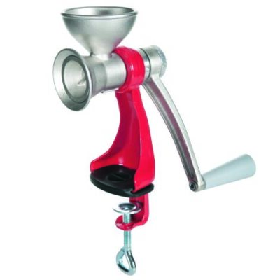 Mohnmühle, Gehäuse / Trichter Edelstahl, Fuß rot